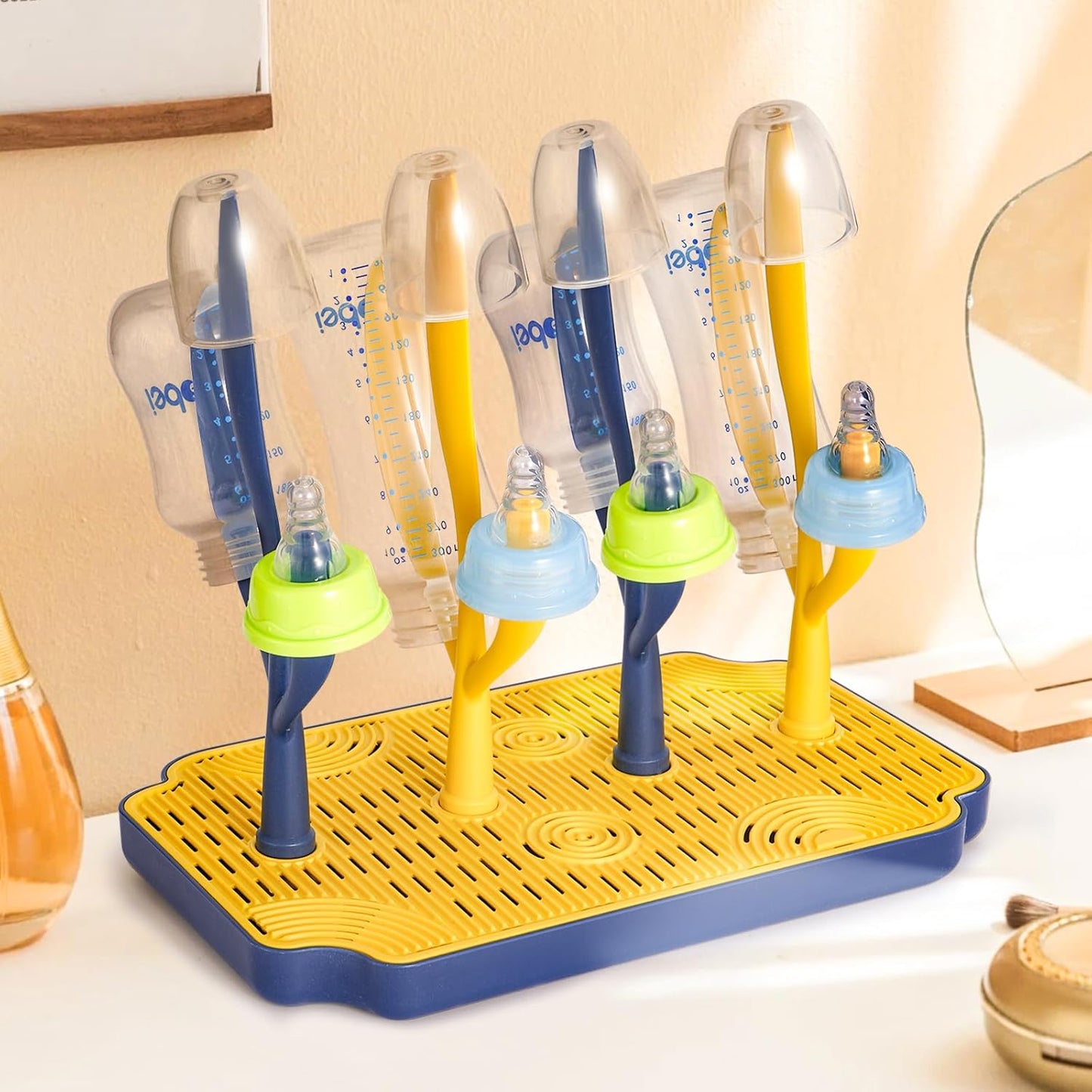 Baby Bottle Drying Rack with Tray – Space Saving Bottle Organizer & Drying Holder for Bottles, Cups, Nipples and Pump Parts – Countertop Rack for Baby Feeding Supplies (Purple/Pink)