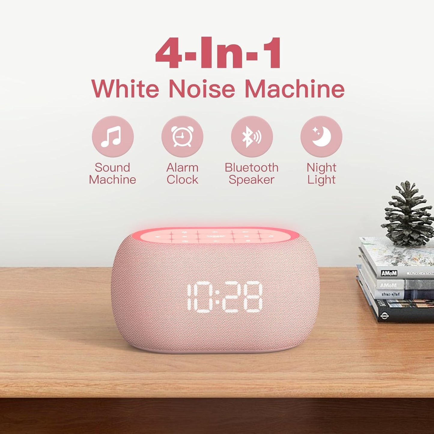 ANJANK White Noise Sound Machine Alarm Clock with Bluetooth Speaker, Hi-Fi Stereo Sound, 21 Soothing Sounds/7 Night Lights, 0-100% Dimmer/Sleep Timer, Soother for Teens Kids Girls, Bedroom, Pink