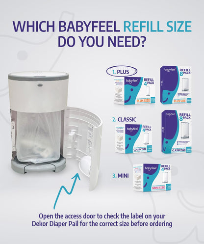 Babyfeel Refills Compatible with DEKOR PLUS Diaper Pails | 4 Pack | Exclusive 30% Extra Thickness | Diaper Pail Refills with Powerful Odor Elimination | Fresh Powder Scent | Holds up to 2320 Diapers