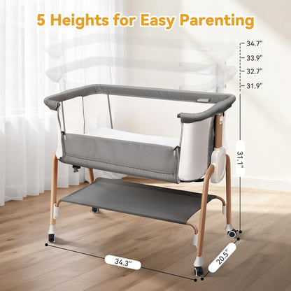 Bassinet Bedside Sleeper, Bedside Bassinet for Newborn, Baby Bassinet with 5 Adjustable Height, Rocking Bassinet with Wheels, Breathable Mesh & Mattress, Easy Folding Portable Bedside Crib（Dark Gray)