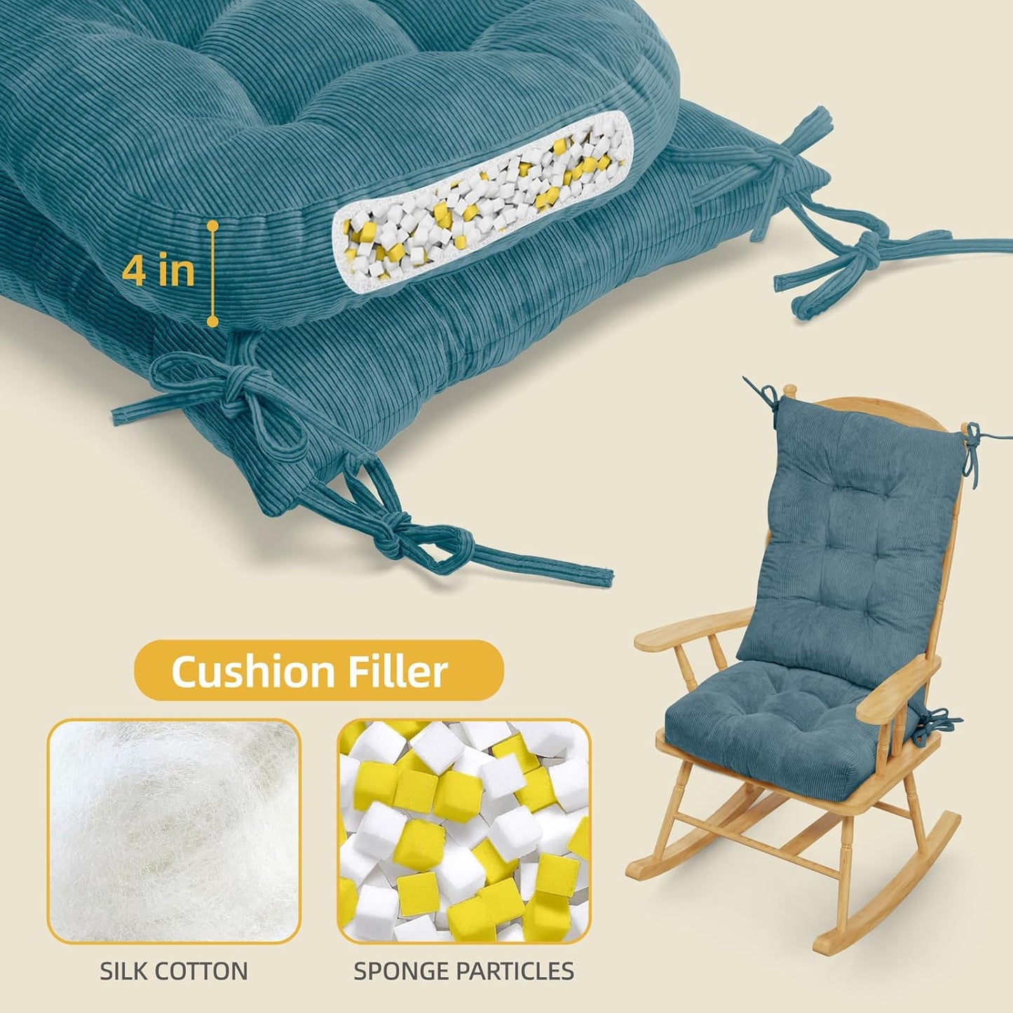 Millsilo Rocking Chair Cushions 3-Piece Set with Neck Pillow, Indoor Rocker Comfortable Tufted Non-Slip Pads with Ties, High-Density Foam Cushion for Adirondack Glider Chair, Orange, 52 x 19 x 4 Inch