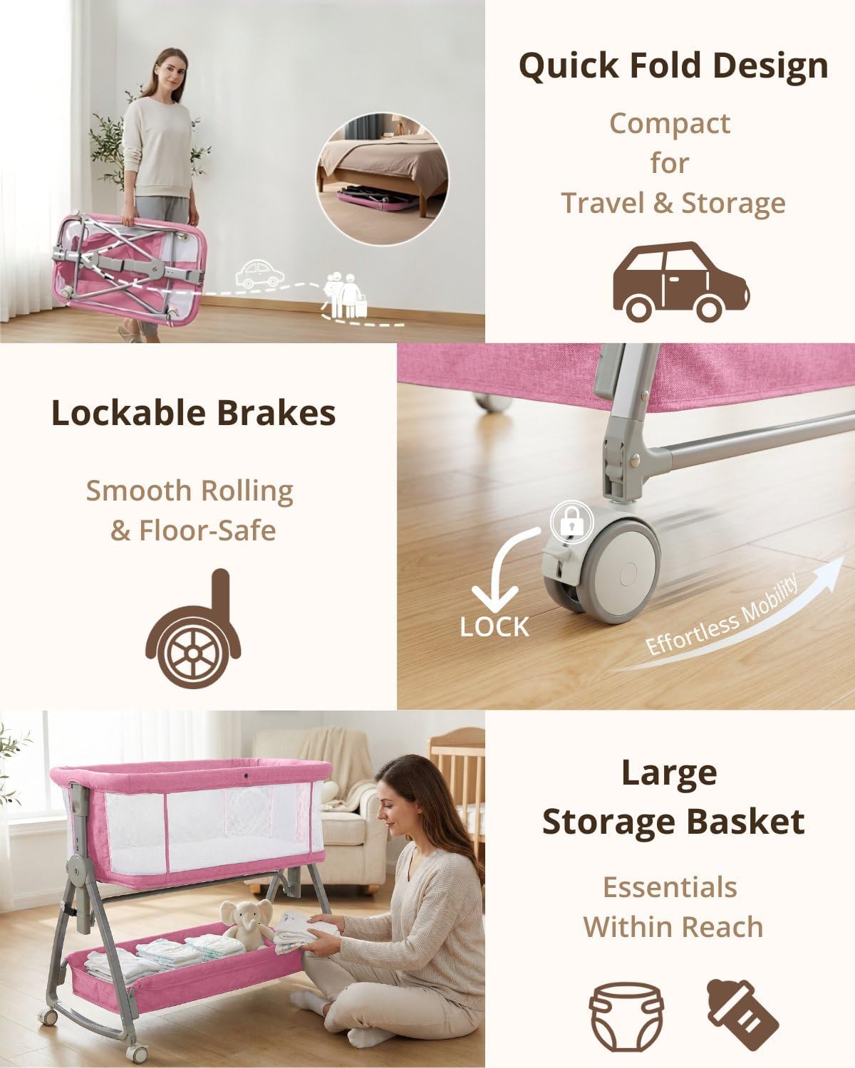 Bedside Bassinet for Baby, Sturdy 3 in 1 Bedside Sleeper with Mattress & Wheels, Height Adjustable, Breathable Mesh, Storage Basket, Easy to Assemble for Newborn, Grey