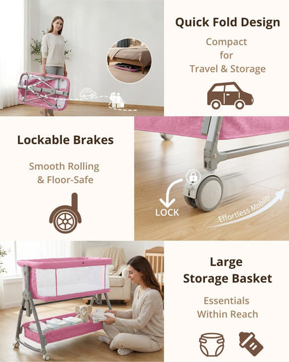 Bedside Bassinet for Baby, Sturdy 3 in 1 Bedside Sleeper with Mattress & Wheels, Height Adjustable, Breathable Mesh, Storage Basket, Easy to Assemble for Newborn, Grey
