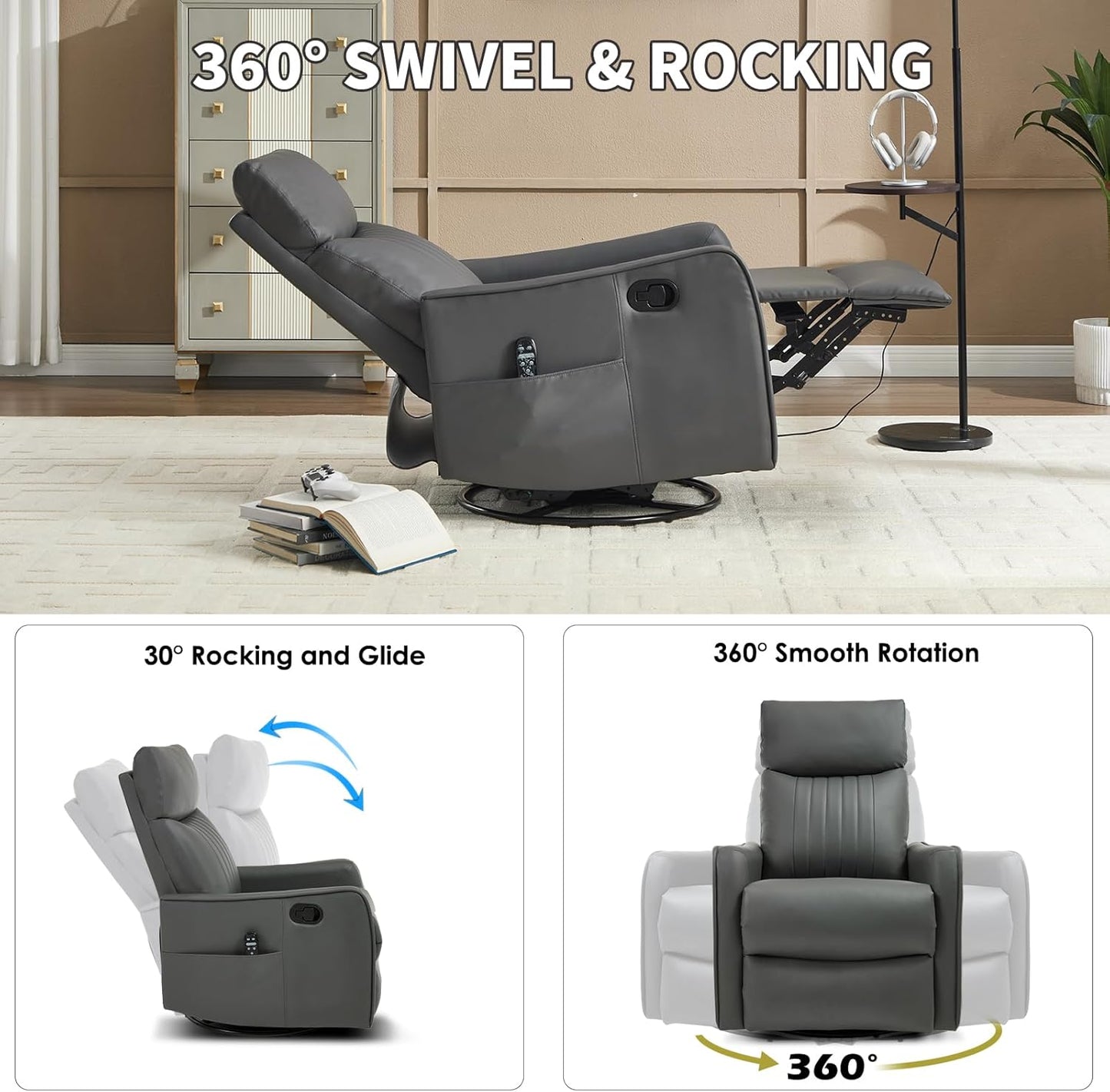 Trustyue Swivel Rocker Recliner Chair, 360° Swivel Recliner with Heat and Massage, Rocker Recliner Nursery Glider Chair with Side Pockets for Living Room (Beige, Fabric)