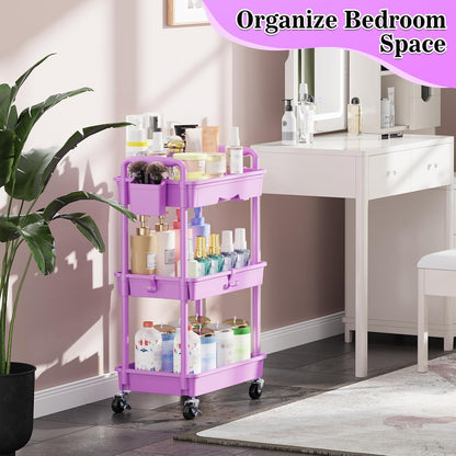 SUNALLY 3 Tier Rolling Cart with Drawer, Bathroom Storage Organizer with 2 Lockable Wheels, Multifunctional Rolling Storage Cart for Bathroom, Kitchen, Office, Craft, Makeup, Baby Essentials, White