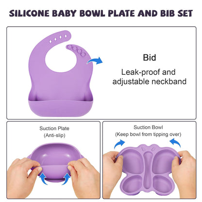 Silicone Baby Feeding Set, Baby Led Weaning Supplies, Baby Food Tableware Silicone Suction Plate, Bowl, Spoons, Fork, Waterproof Bib, Cup & Complementary Food Cake Mold, Baby Eating Utensils