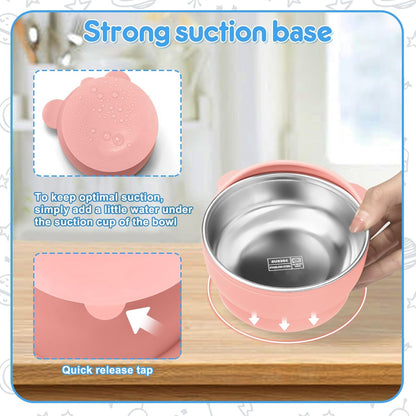 2 Pack Stainless Steel Baby Bowls with Removable Non-Slip Silicone Suction Shell, Anti Scald Food Container for Baby Food Feeding, Forks + Spoons Included-Blue & Pink