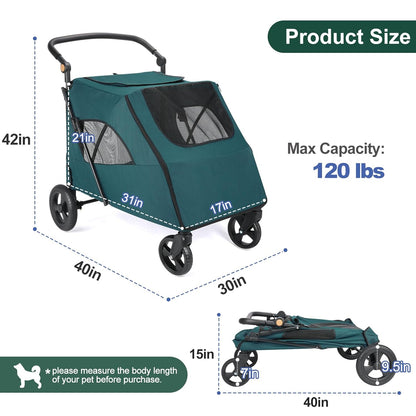 Large Dog Travel Stroller with 4 Heavy Duty Wheels Pet Stroller with Adjustable Handle - Double Doggie Capacity Jogger Wagon with Back Front Door for Small Medium Large Dogs (Dark Light Gray)