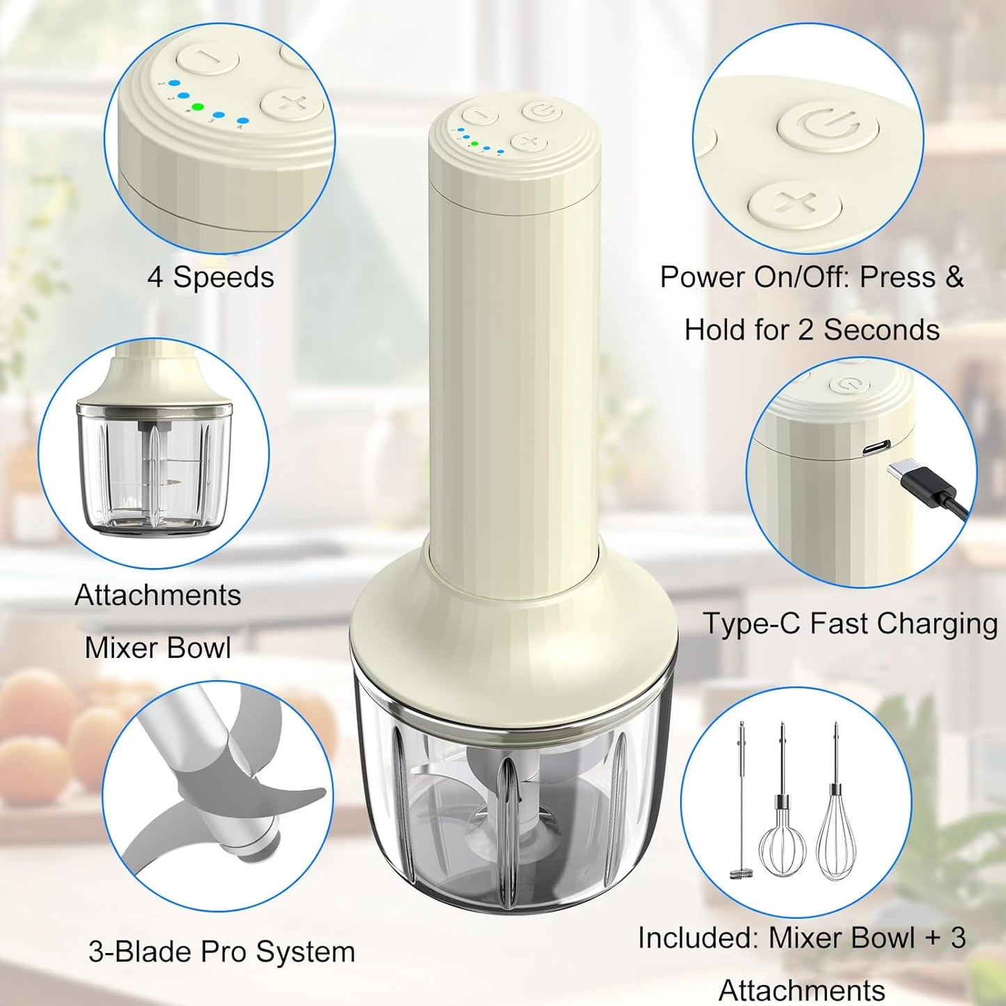 Hand Mixer with Whisk and Forther Wand,Electric Whisk, Milk Frother, Hand Held Mixers,Cordless Hand Mixer, Whisks for Cooking, Mini Mixer,Stirrers Electric,Food Chopper, Baby Food Maker,4-Speed, 10Oz