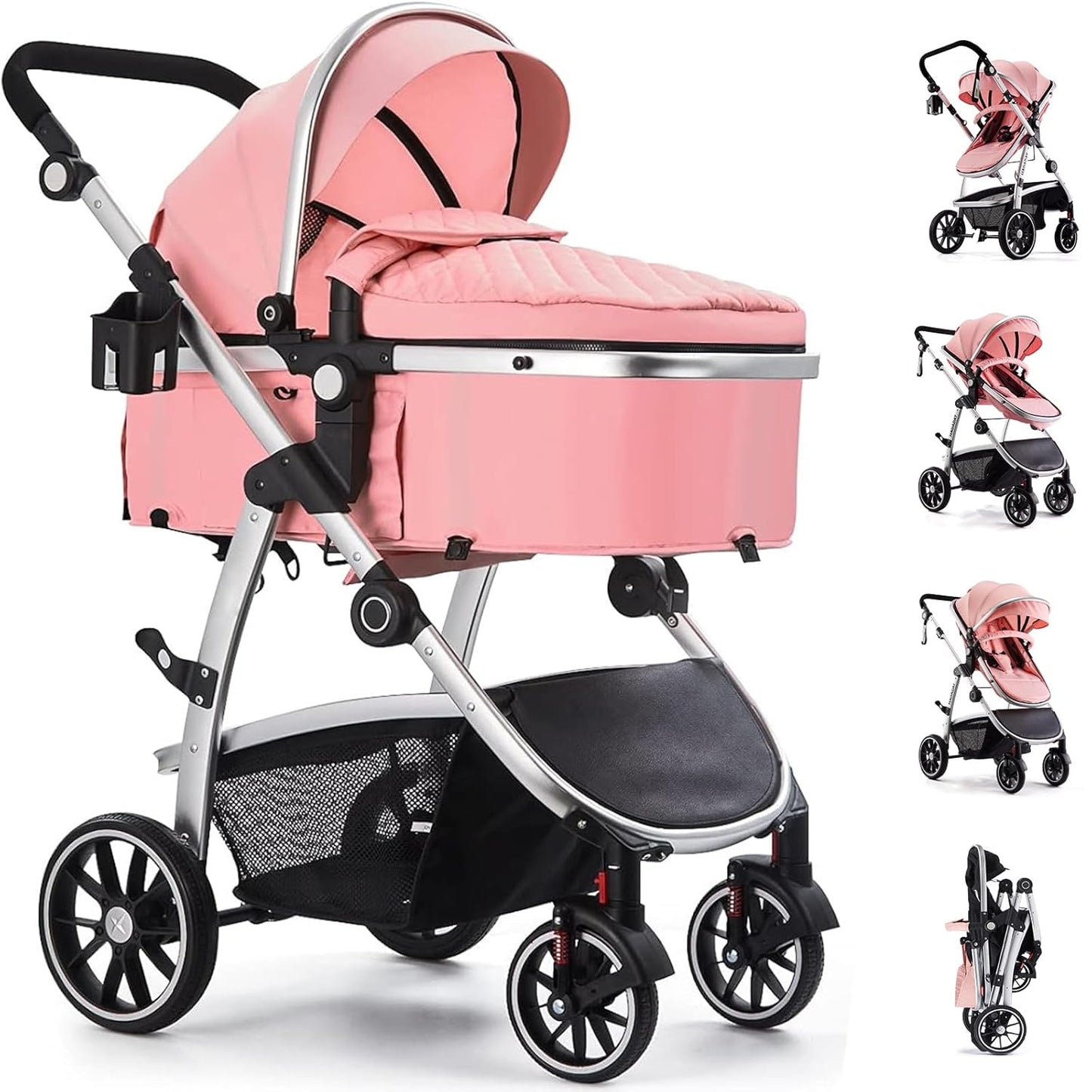 Baby Stroller, 2-in-1 Reversible Toddler Seat with Lie-Flat Mode, Foldable Infant Stroller with Canopy, One Button Brake, Adjustable Handle, Newborn Pushchair (Black B)