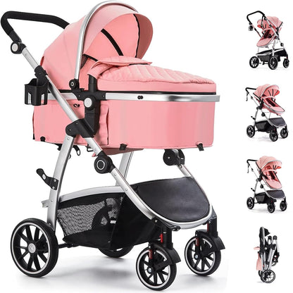 Baby Stroller, 2-in-1 Reversible Toddler Seat with Lie-Flat Mode, Foldable Infant Stroller with Canopy, One Button Brake, Adjustable Handle, Newborn Pushchair (Black B)