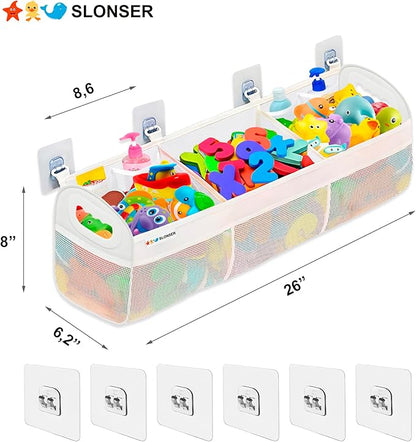 Bath Toy Storage Organizer for Bathtub – Large Bath Toy Holder & Bath Toy Net, Kids Bathtub Toy Storage Bag with 6 Strong Adhesive Hooks, Quick-Dry Mesh Bathroom Toy Holder for Tub & Shower