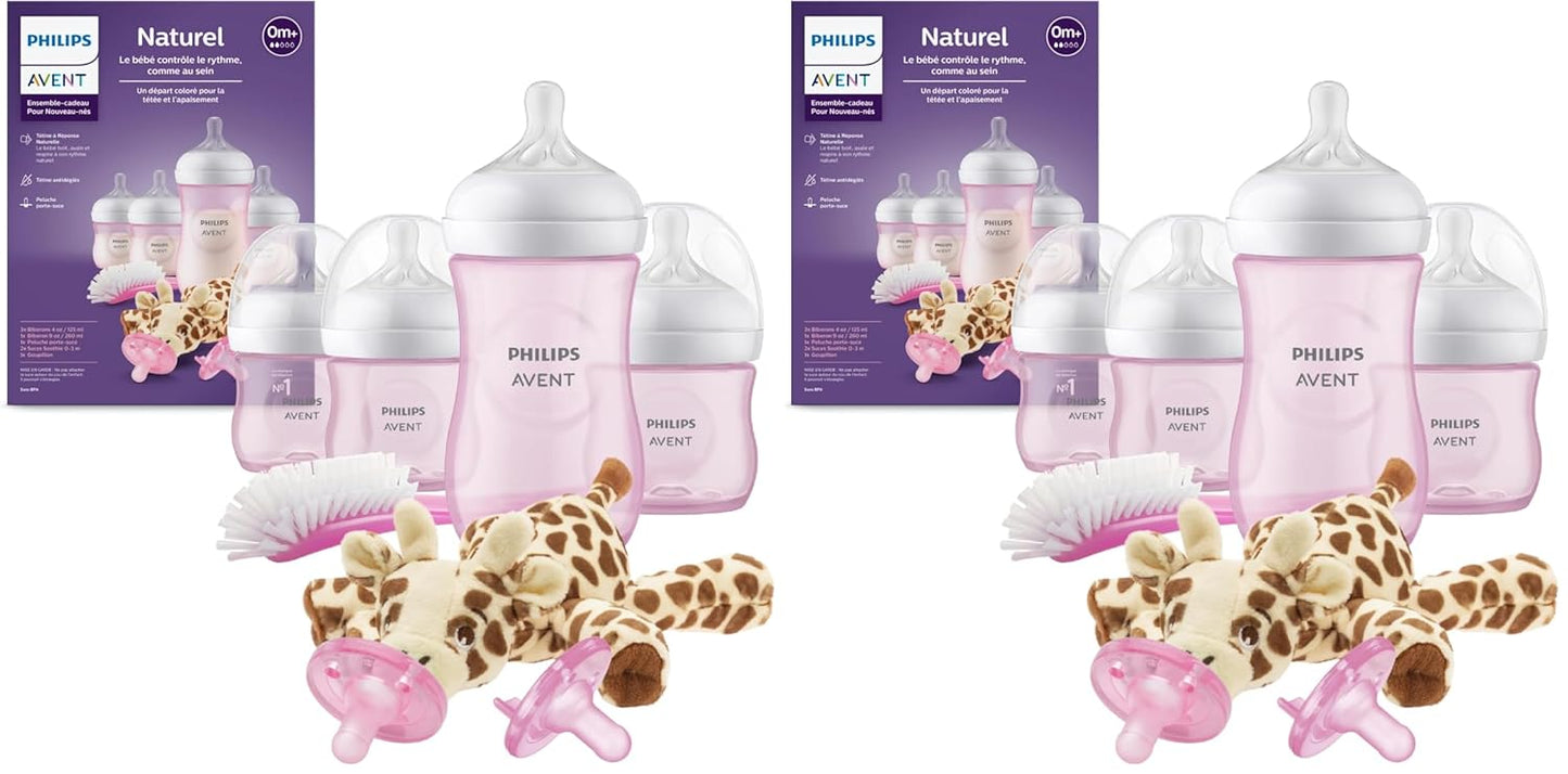 Philips Avent Natural Response Baby Gift Set - 3X 4oz Pink Bottles with Slow Flow Nipples (Flow 2), 1x 9oz Pink Bottle with Medium Flow Nipples (Flow 3), 2X Soothie Pacifiers 0-3m, SCD838/03