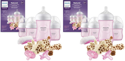 Philips Avent Natural Response Baby Gift Set - 3X 4oz Pink Bottles with Slow Flow Nipples (Flow 2), 1x 9oz Pink Bottle with Medium Flow Nipples (Flow 3), 2X Soothie Pacifiers 0-3m, SCD838/03