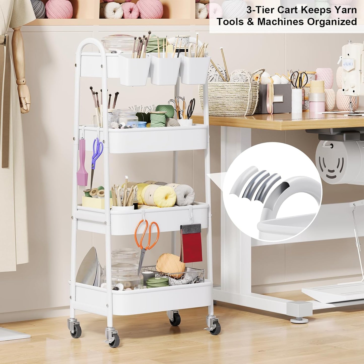 3 Tier Heavy Duty White Metal Rolling Cart with Lockable Wheels, Three Tier Roller Book Snack Cart, Utility Storage Organizer Carts for Kitchen, Bathroom, Garage, Baby Diaper, Craft, Art, Teacher