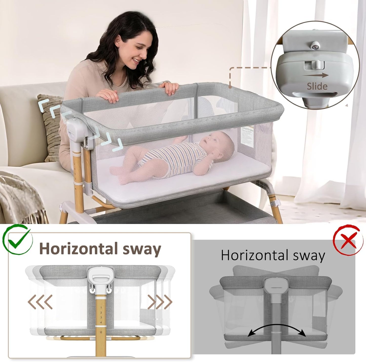 3 in 1 Baby Bassinet, Bedside Sleeper for Newborn, 7-Level Height Adjustable, Rocking Design with Breathable Mesh, Lockable Wheels & Large Storage Space, Portable Baby Crib（Dark Gray）