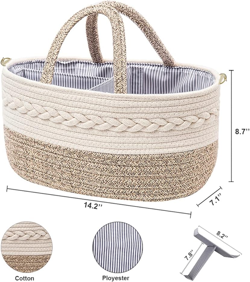 Baby Diaper Caddy Organizer, Portable Nursery Storage Basket with Changeable Compartments, 100% Cotton Woven Rope Baskets, Car & Changing Table Tote, Newborn Gift