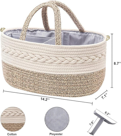 Baby Diaper Caddy Organizer, Portable Nursery Storage Basket with Changeable Compartments, 100% Cotton Woven Rope Baskets, Car & Changing Table Tote, Newborn Gift