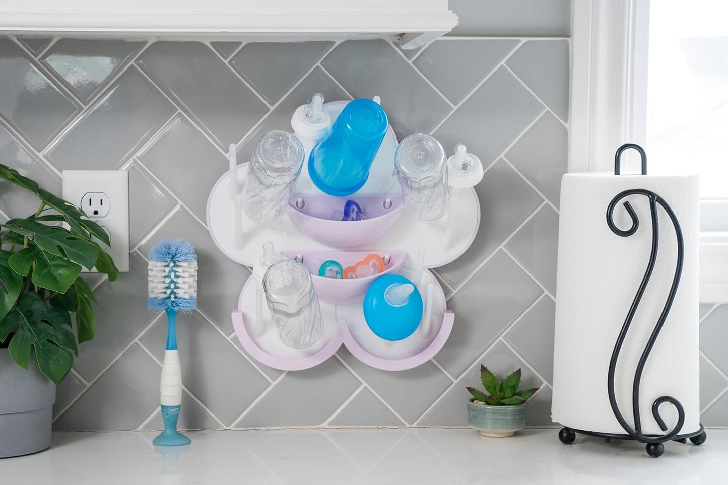 The Bottle Blossom- Wall Mounted Baby Bottle Drying Rack for Bottles, Cups, Sippy Cups, Vertical Wall Hanging, Space Saving, Large Capacity Baby Essential, 2 Adhesive Hooks Included (Light Blue)