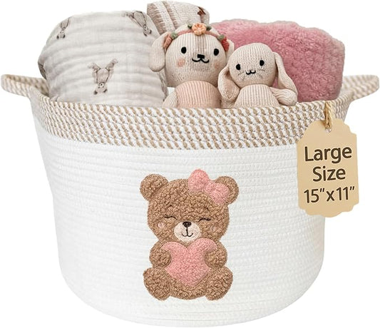 Pink Teddy Bear Storage Basket for Baby Girl Nursery – 15"x11" Cotton Rope Bin with Embroidered Bear Patch – Toy Organizer, Baby Laundry Hamper, Blanket & Diaper Holder – Foldable & Washable