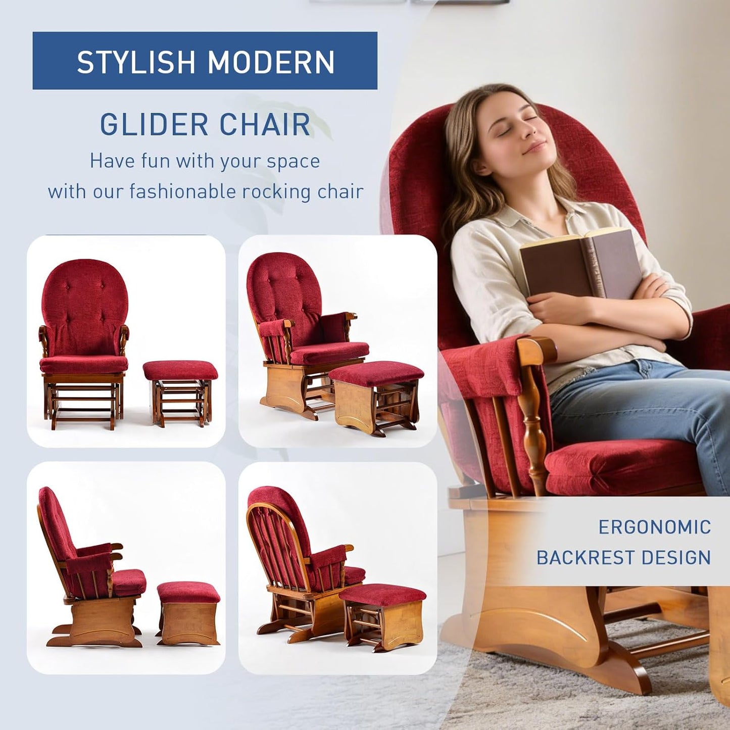 Glider Rocking Chair with Ottoman Set, Solid Wood Nursery Glider Rocker with Padded Cushion, High Back Upholstered Swivel Glider for Living Room, Nursing, Reading, 280LBS Weight Capacity,Oak+Khaki
