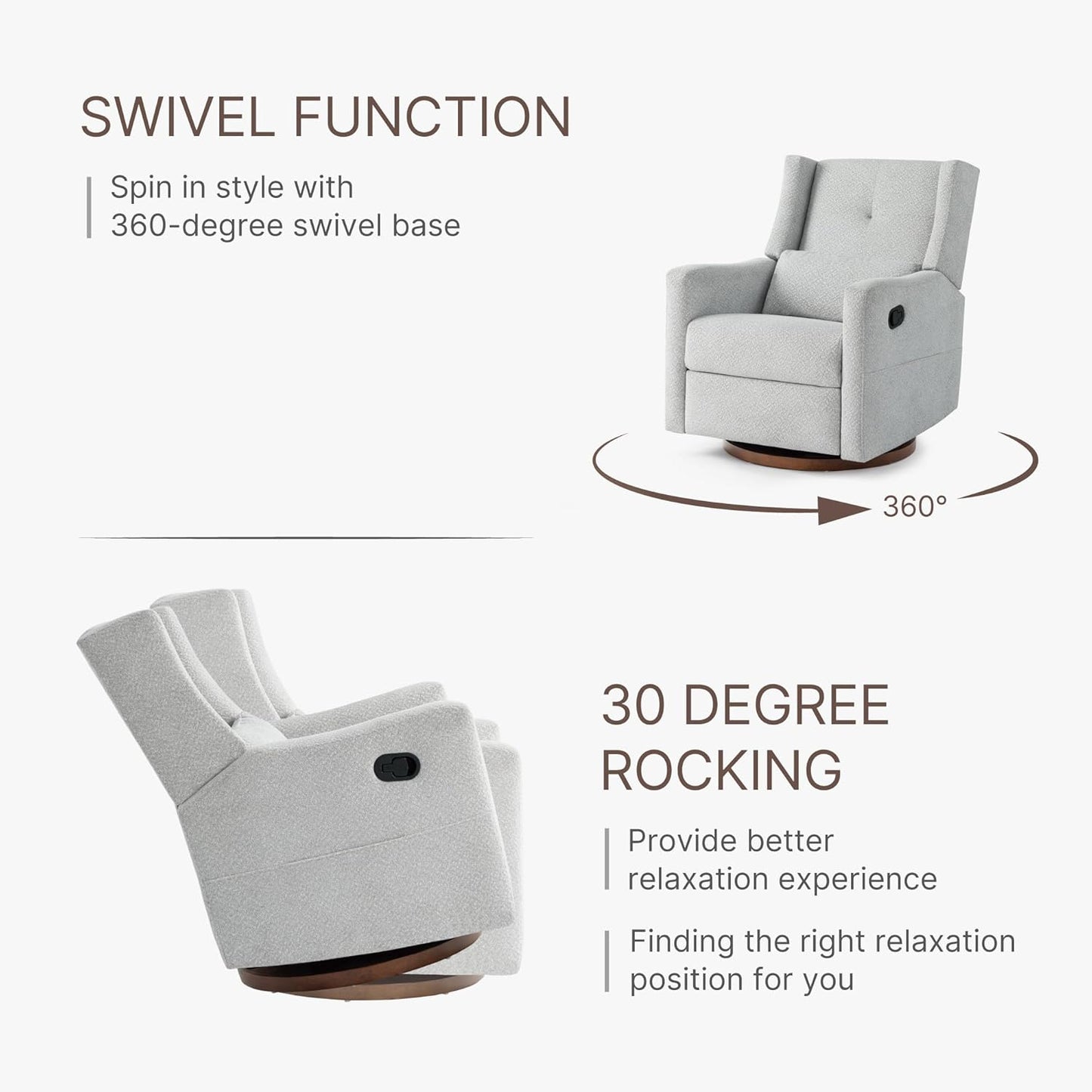 KISLOT Upholstered Recliner Swivel Glider Nursery Chair Reclining Performance Fabric Rocker with Wood Base,Boucle,Moss Green