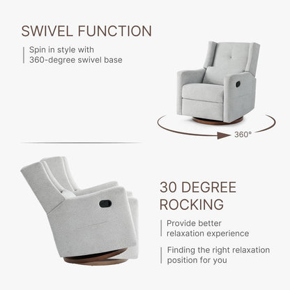 KISLOT Upholstered Recliner Swivel Glider Nursery Chair Reclining Performance Fabric Rocker with Wood Base,Boucle,Moss Green