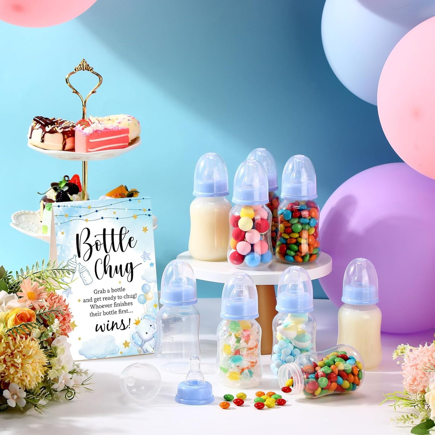 TrelaCo Bottle Chug Baby Shower Game 20 Pcs Baby Bottles Shower Favor with 1 Greenery Theme Sign for Gender Reveal Party Supplies Gifts(Green)