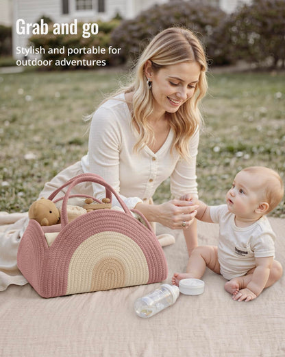 Blissful Diary Baby Diaper Caddy Organizer, Cotton Rope Diaper Caddy Basket, Large Storage Basket for Newborn Boys and Girls, Gift for Baby Shower List, Newborn Essentials, Earthy Rainbow