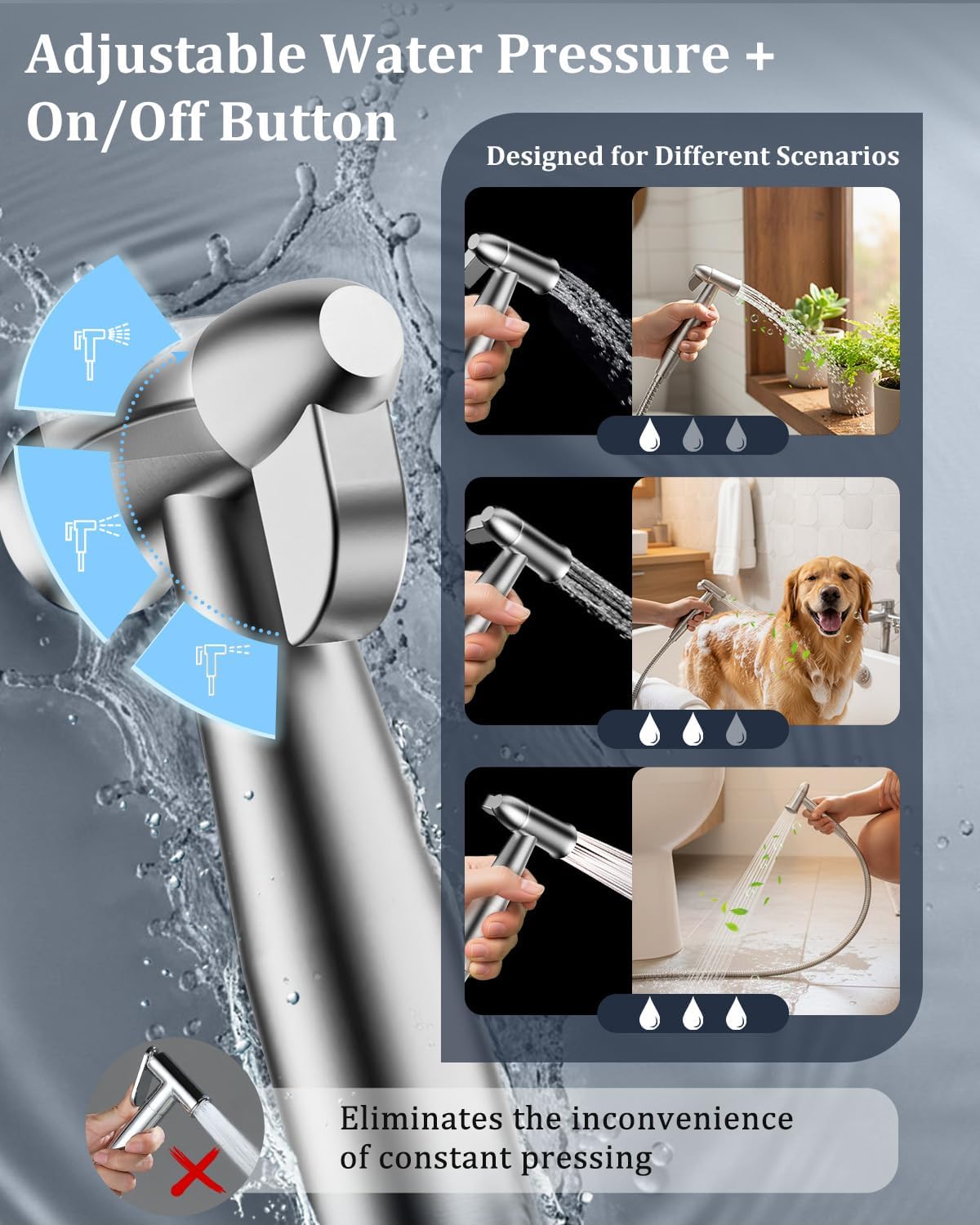 PWERAN Handheld Bidet Sprayer for Toilet, Toilet Jet Spray with Adjustable Water Pressure ON/Off Switch for Feminine Wash, Stainless Steel Muslim Shower with Hose for Baby Cloth Diaper Wash