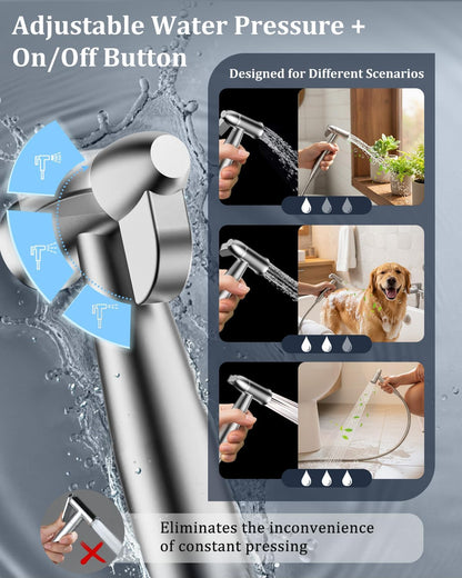 PWERAN Handheld Bidet Sprayer for Toilet, Toilet Jet Spray with Adjustable Water Pressure ON/Off Switch for Feminine Wash, Stainless Steel Muslim Shower with Hose for Baby Cloth Diaper Wash