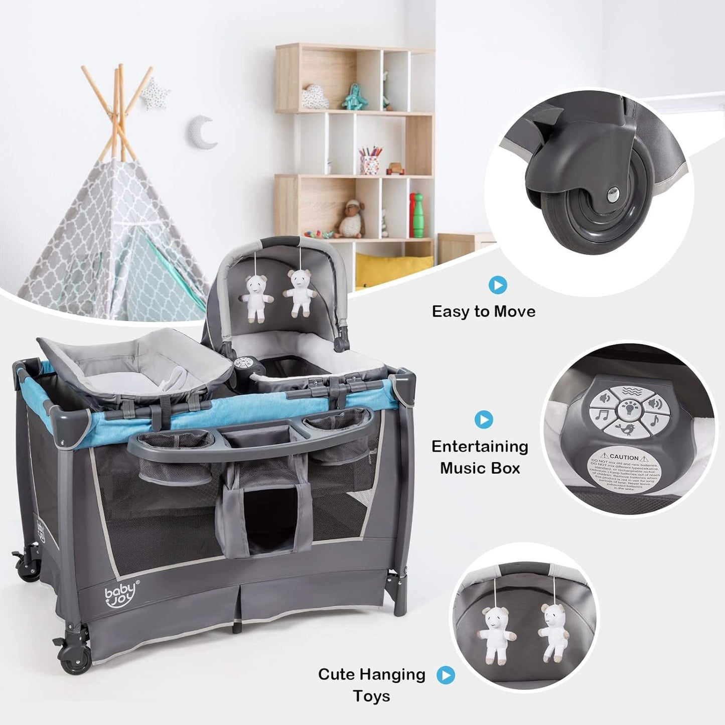 HONEY JOY Pack and Play, 5 in 1 Portable Infant Playpen with Bassinet & Changing Table, Storage Bag, Music Box, Toys, Carry Bag, Nursery Center, Baby Playard Pack n Play Crib for Boys Girls