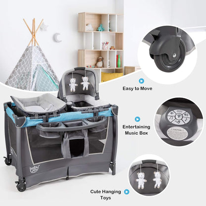 HONEY JOY Pack and Play, 5 in 1 Portable Infant Playpen with Bassinet & Changing Table, Storage Bag, Music Box, Toys, Carry Bag, Nursery Center, Baby Playard Pack n Play Crib for Boys Girls