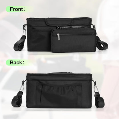 Universal Stroller Organizer Bag, Stroller Caddy with Insulated Cup Holders & Detachable Phone Bag and Shoulder Strap, Stroller Bag for Baby Accessories Fits Most Strollers On Travel, Walks (Black)