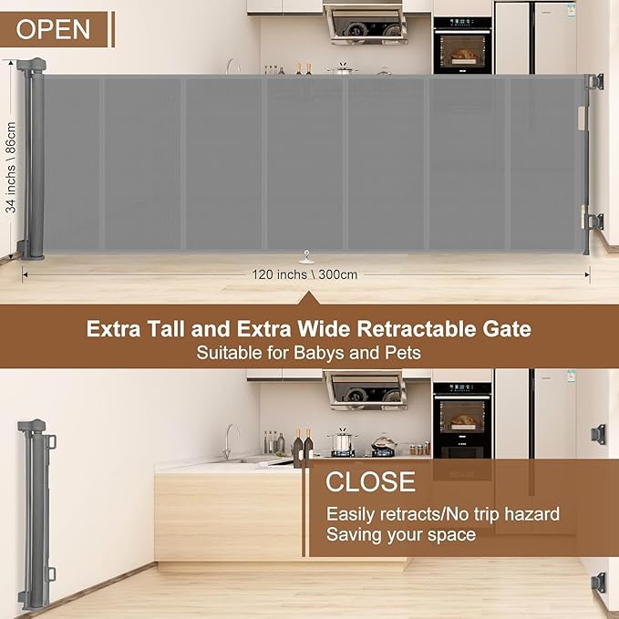 Miumoon 100 inch Retractable Baby Gates 34 inch Tall, Retractable Gate with Reinforced Strip Design to Prevent Crawling Through, 8 FT Extra Wide Retractable Dog Gate for Indoor/Outdoor