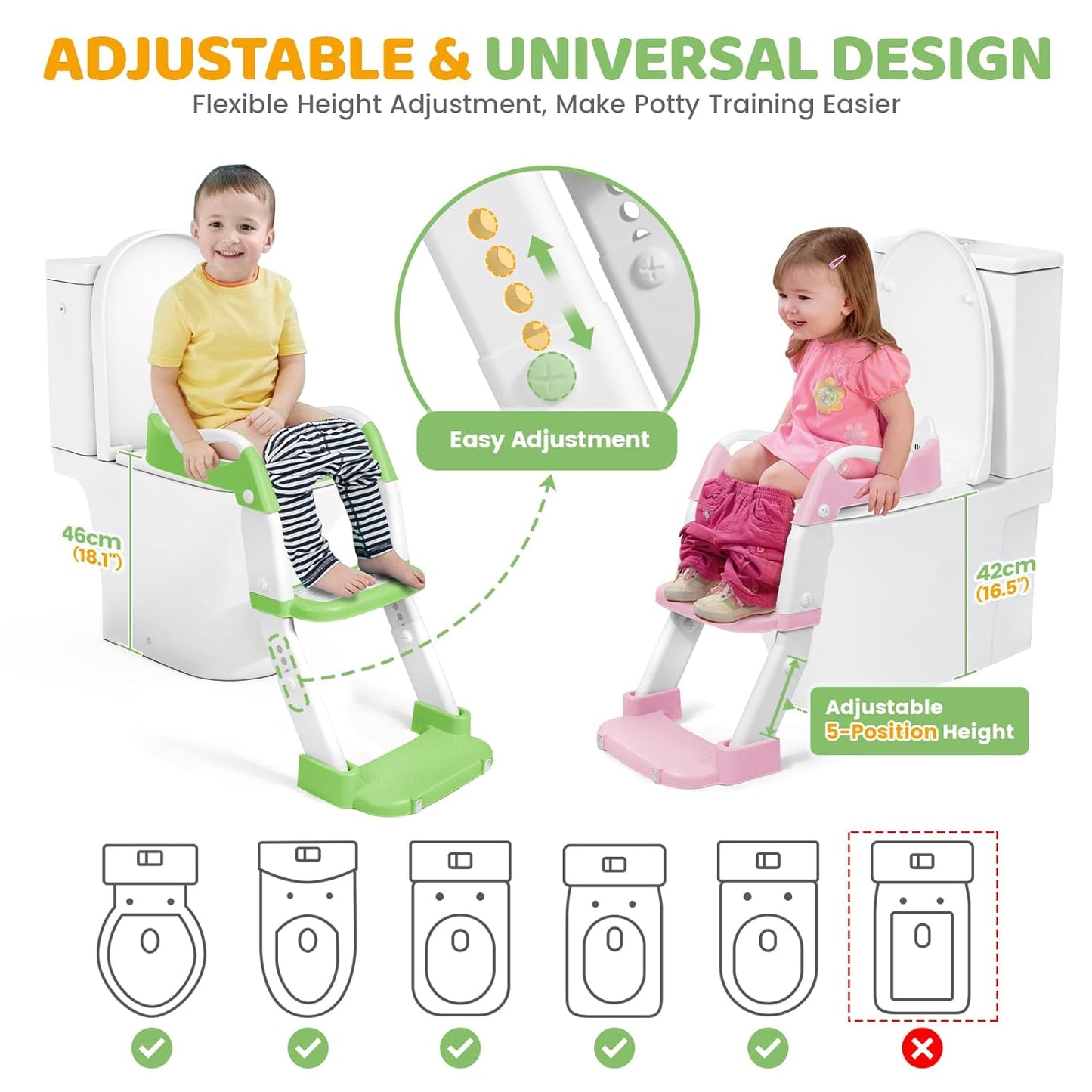 Orzbow Potty Training Seat | Upgrade Toddler Potty Training Toilet with Step Stool, 2-in-1 Stability Toilet Seat for Boys Girls | with Splash Guard, Anti-Slip Pad, Ladder, and Height Adjustable, Pink