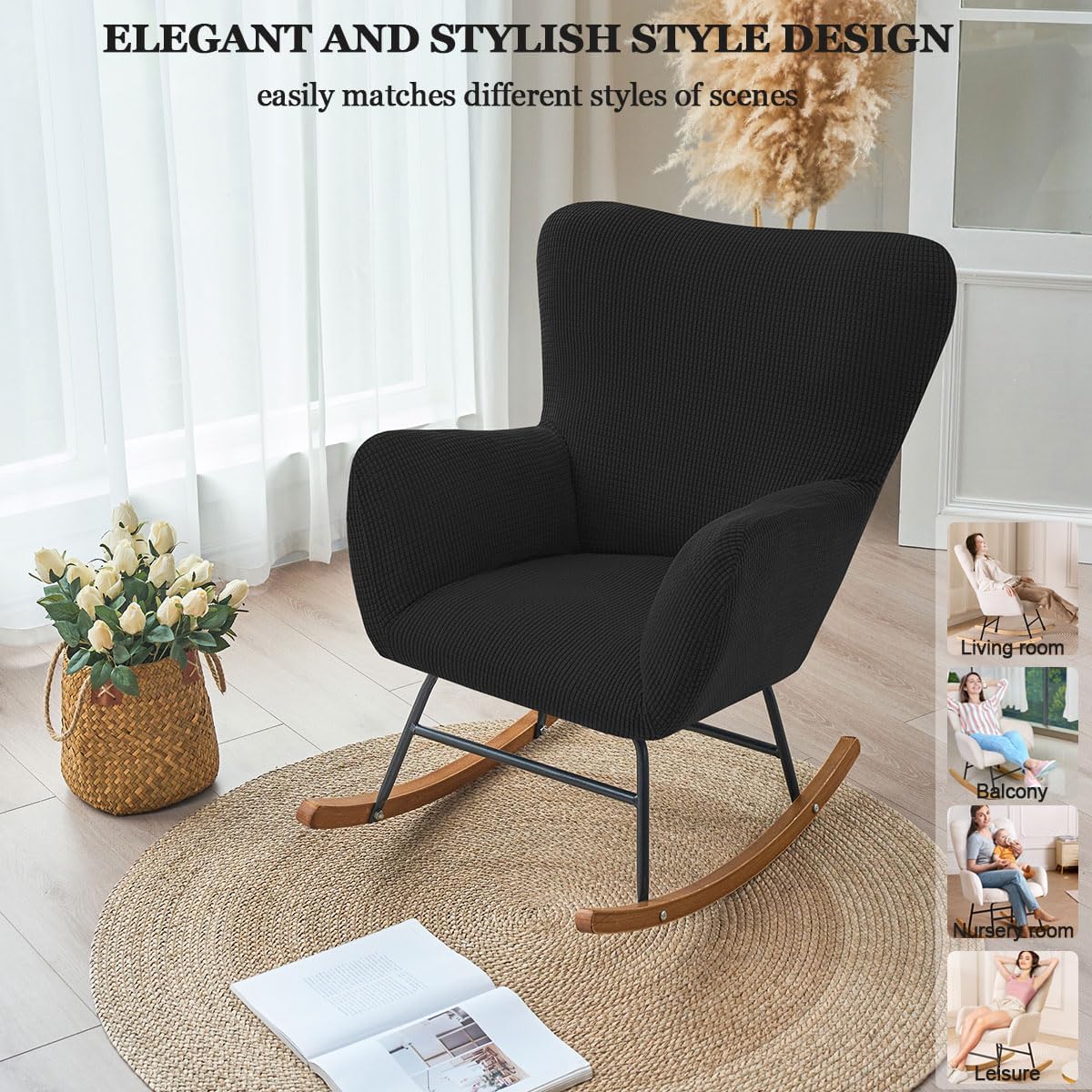 Levoberg Nursery Rocking Chair Cover Stretch Rocker Glider Chairs Cover Slipcovers Jacquard Rocking Accent Chair Cover Recliner Armchair Slipcover for Nursery Living Room Bedroom Office Black