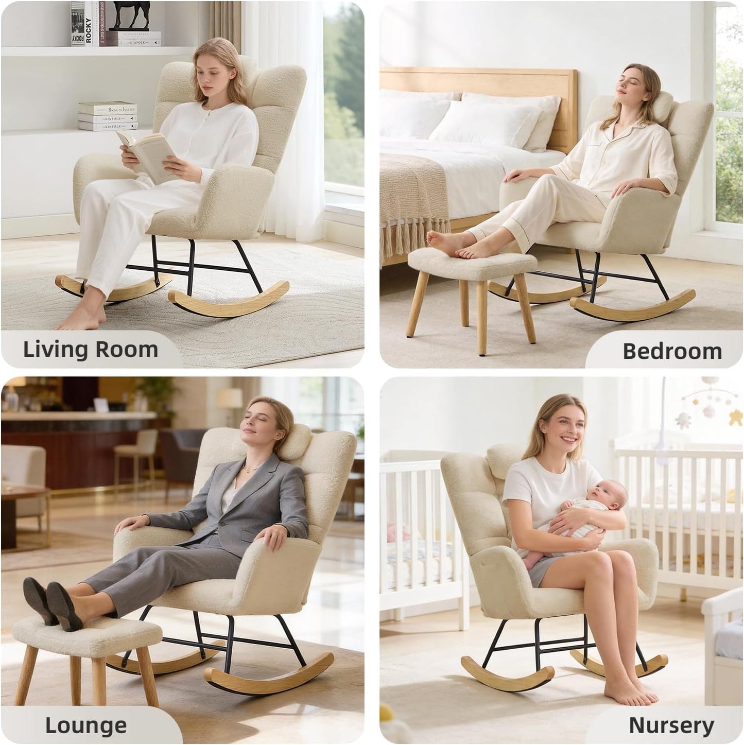 Garvee Nursery Rocking Chair, Teddy Upholstered Glider Rocking Chair with High Backrest, Armchair Reading Chair for Adults, Nursery, Bedroom, Living Room, Office, Beige Without Ottoman