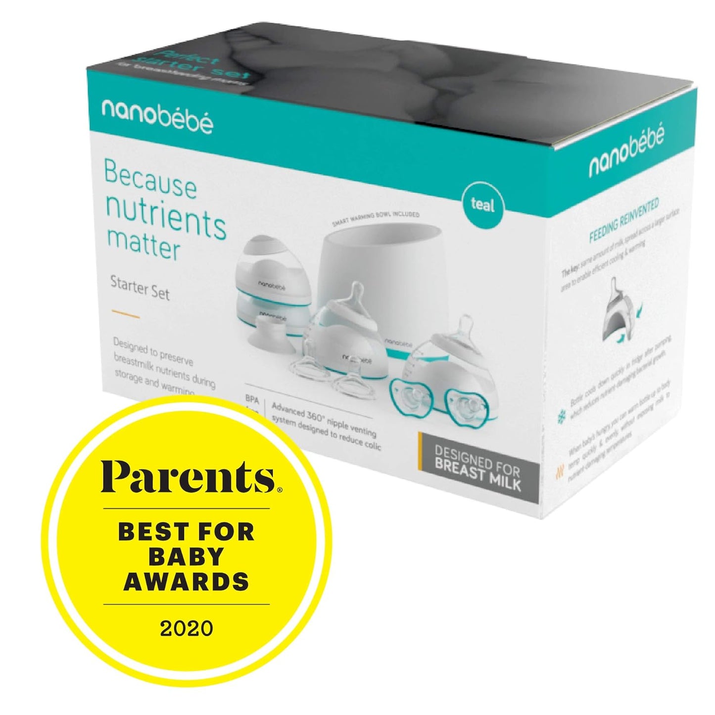 Nanobebe Breastmilk Baby Bottle Anti-Colic Starter Set with Silicone Pacifiers, Breast Pump Adapter, and Slow Flow Nipples - 5 oz - Teal/Grey