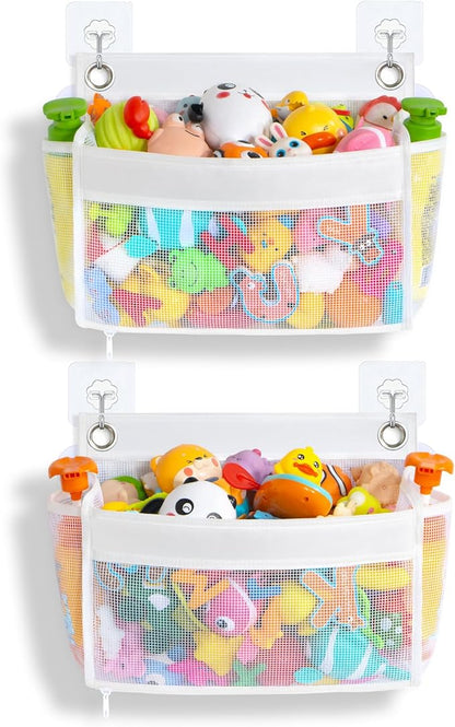 Bath Toy Holder 2-in-1 Zip-Connect Bathtub Toy Storage with 4 Suction Cups No Falling & one-Click Toy Release Quick-Dry Mesh Baby Shower Toy Holder - Kids Bath Toy Net for Tub Organizer