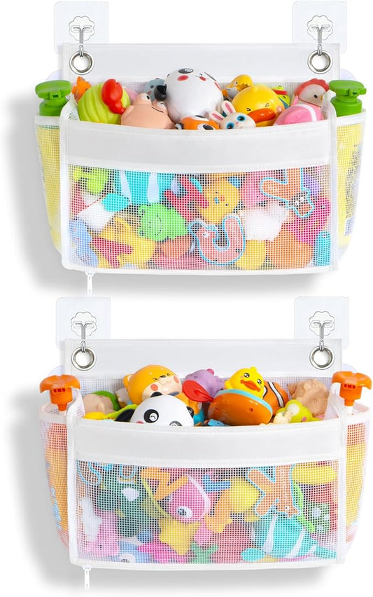 Bath Toy Holder 2-in-1 Zip-Connect Bathtub Toy Storage with 4 Suction Cups No Falling & one-Click Toy Release Quick-Dry Mesh Baby Shower Toy Holder - Kids Bath Toy Net for Tub Organizer