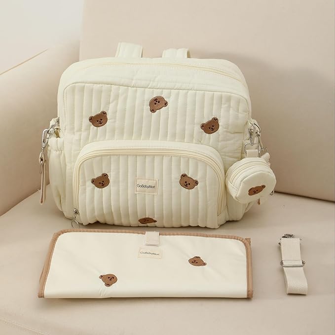 GOBABYMART Diaper Bag Backpack, Medium Maternity baby bag & Changing Pad, Insulated Pockets, Stroller Straps & Pacifier Case (Medium - Beige Bears)