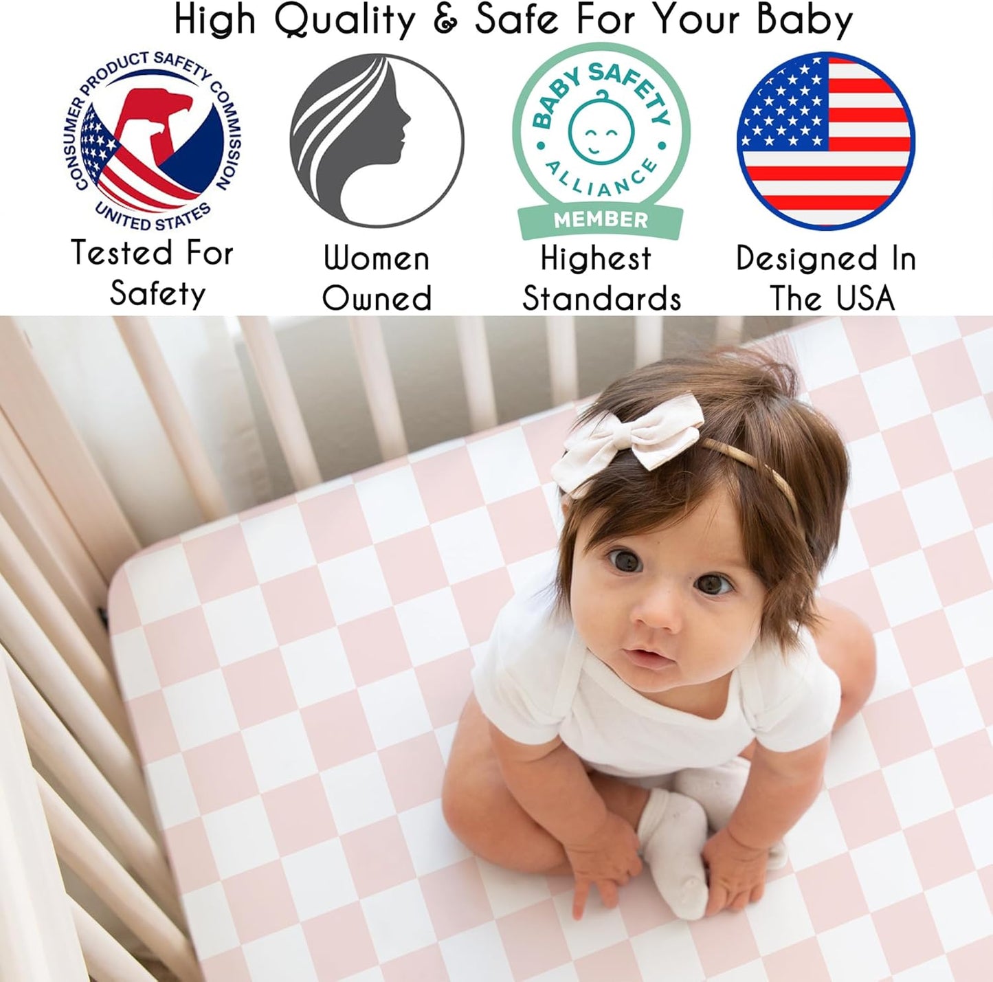 Sweet Jojo Designs 2-Piece Baby Bassinet Sheets Set (Black/White Gingham Checkered Plaid) for Boy/Girl, Infant Newborn Nursery, Oval, Rectangle & Hourglass Mattress (Solid Onyx & Classic Checkerboard)