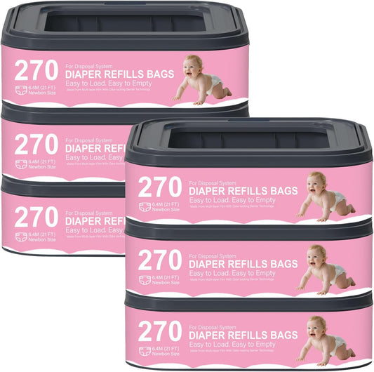 Standard Square Refills Disposal Bags Refill Compatible with Genie Diaper Compact, Select Pails (Not Fit Classic Version Pails), Hold Up to 270 Newborn-Sized Diapers Per Refill,6 Pack