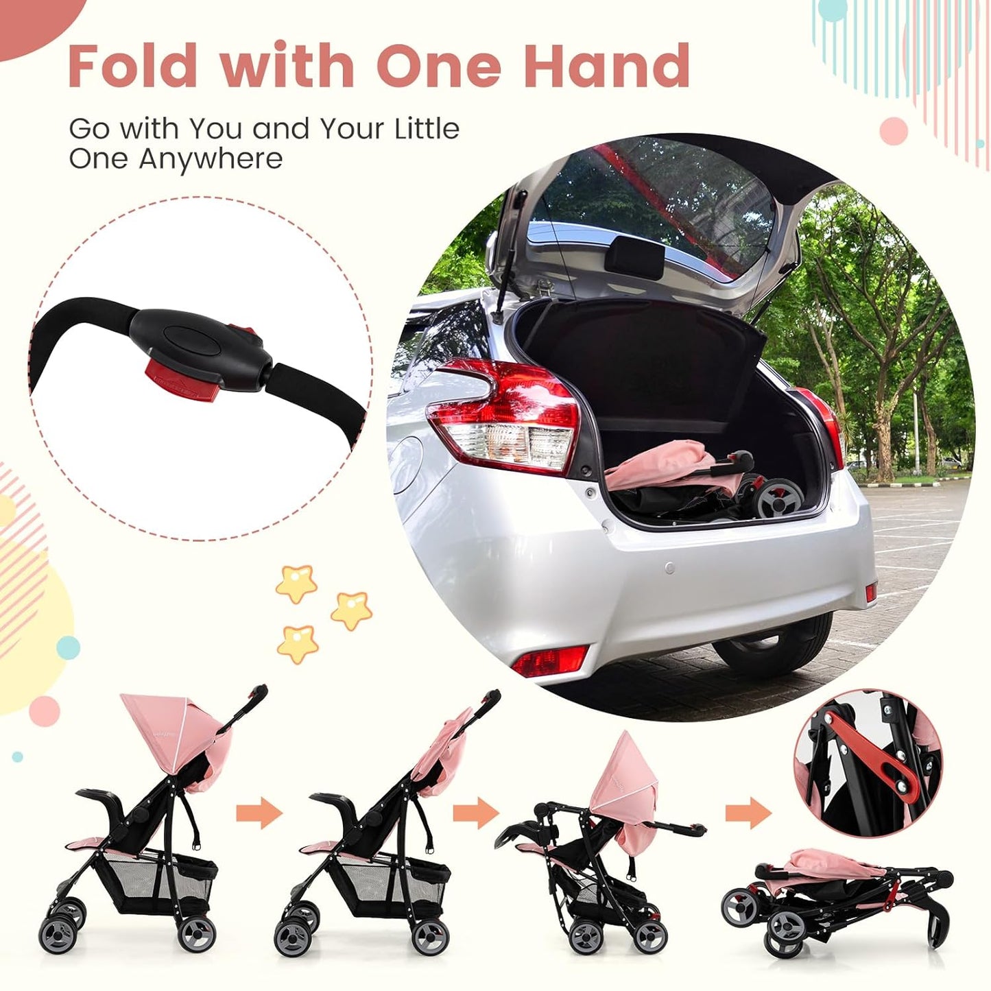 Baby Joy Lightweight Stroller, Compact Toddler Travel Stroller for Airplane, Infant Stroller w/Adjustable Backrest/Footrest/Canopy, 5-Point Harness, Storage Basket, Easy One-Hand Fold (Gray)