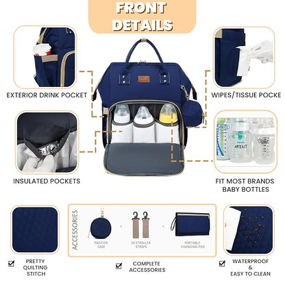 ROSEGIN Diaper Bag Backpack with Changing Pad, Pacifier Case, Baby Bag for Boy Girl Toddler - Large, Stylish, Waterproof Travel Quilted Diaper Bag for Mom - Baby Shower - Navy Blue