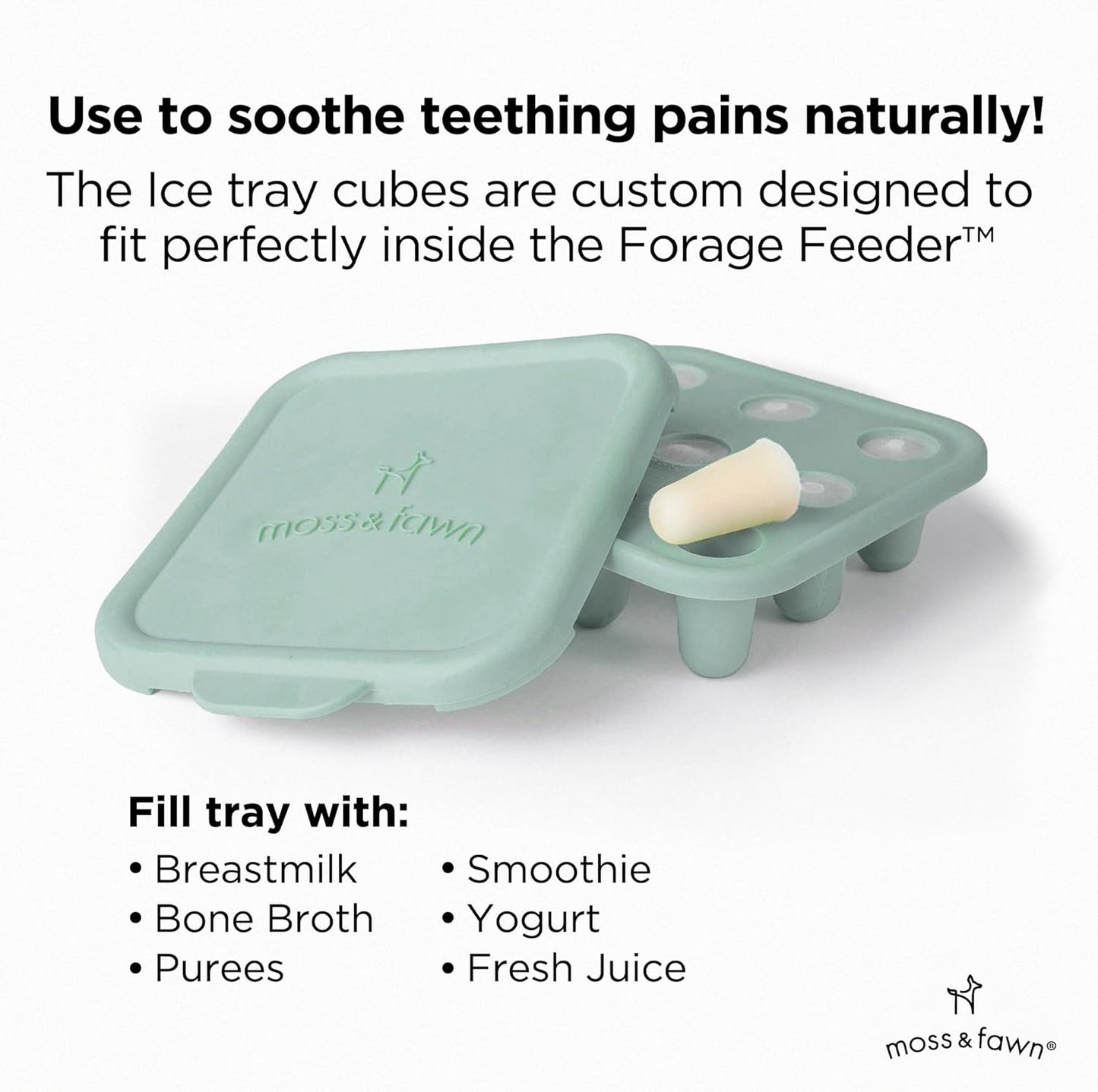 Moss and Fawn Ice Cube Tray - Forage Feeder Freezer & Teething Popsicle Mold for Breast Milk, Formula, Bone Broth, Purees, & Baby Food - BPA, Lead, & PVC-Free - Fern