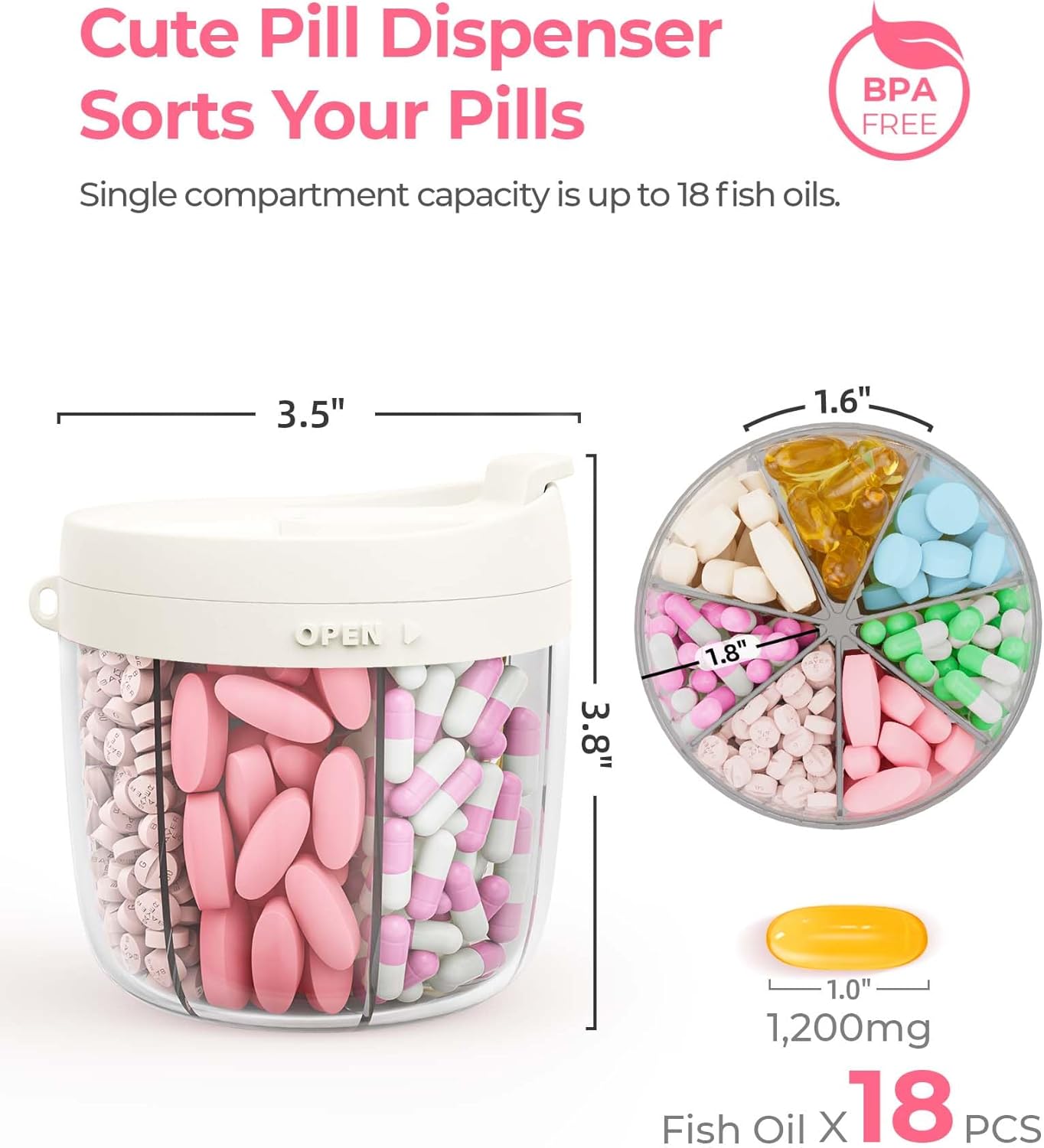 AMOOS Cute Pill Dispenser with 7 Compartments, Pill Bottle Organizer with Anti-Mix Design, Portable Pill Organizer for Travel with Wide Mouth for Easy Access, BPA-Free Patented Pill Container, Pink