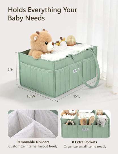 Baby Diaper Caddy Organizer, Portable Nursery Storage Basket for Newborn Essentials, Changing Table & Car Caddy Organizer, Gift for Baby Shower, Registry Must-Have for Boy Girl, Green