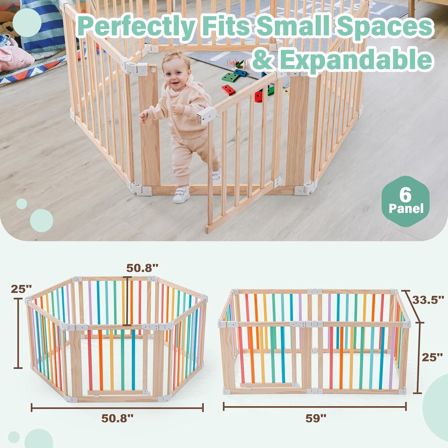 Foldable Wooden Playpen-51x51x25in-Large Baby Gate Playpen with Child-Proof Lock-Easy Assembly, Portable Design for Babies & Toddlers- Shape& Size Adjustable Baby Fence Play Area (Wood, 6 Panel)